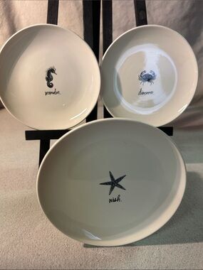 Rae Dunn White Ceramic Coastal Bowls with Navy Sea Motifs (Set of 3)